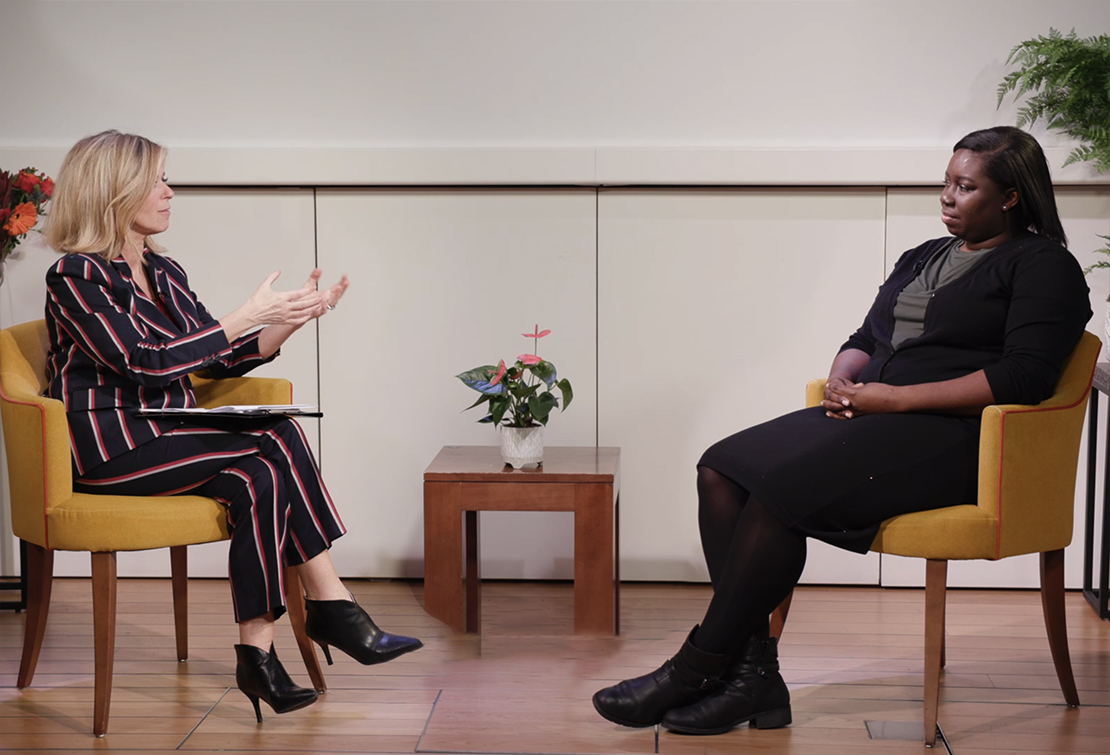 Sarah Filson (R) talking to TV presenter Kate Garraway during 'Covid & the festive season', an RSM programme offering advice to the public on keeping safe and well during the holiday season