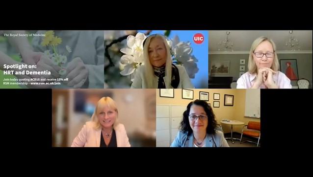 Image shows a screen grab from the RSM webinar Spotlight on: HRT and Dementia with Professor Pauline Maki, Dr Sarah Glynne, Dr Kejal Kantarci and Professor Gillian Leng CBE